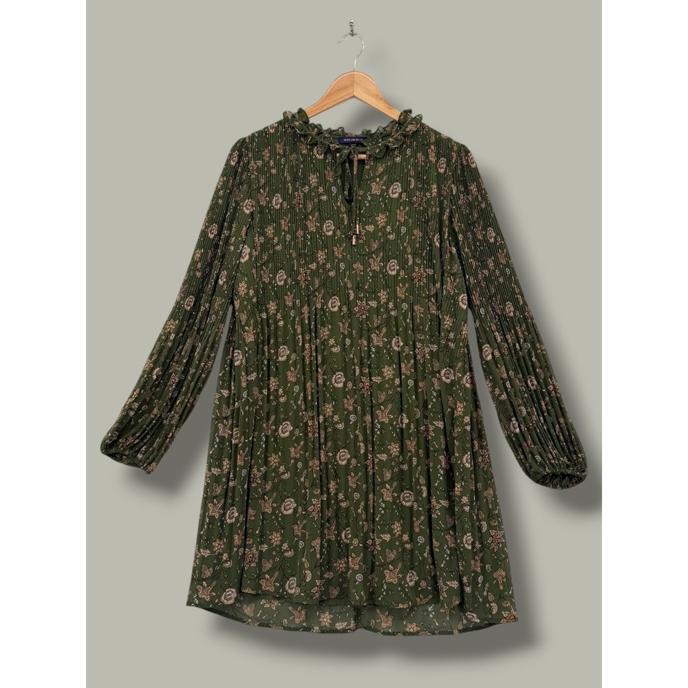 Skies Are‎ Blue Olive Green Floral Pleated Boho Mini Dress Size M